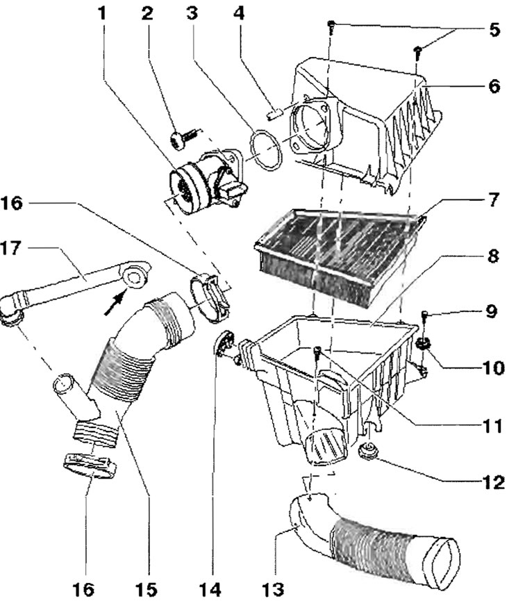 1 - Расходомер впускаемого воздуха -G70-; 2 - 2…