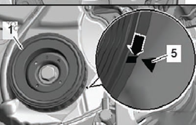 Прорезът (стрелка) на шайбата на коляновия вал…