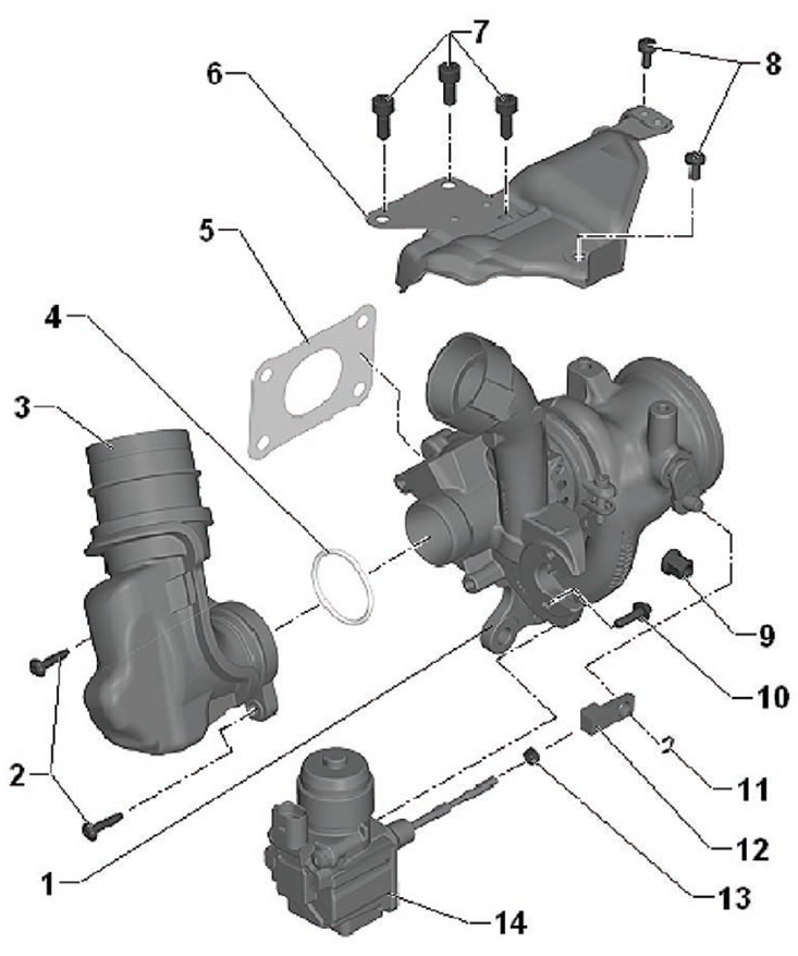 1. Turbocharger assembly; 2. Fastening screw,…