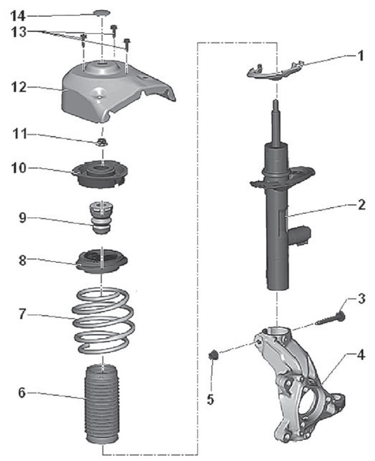 1. Верхня опора пружини; 2. Амортизатор у зборі;…