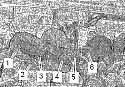 Раскрыть теплозащитный экран «1». Отсоединить электрические разъёмы -3, 4, 5, 6- и высвободить жгут…