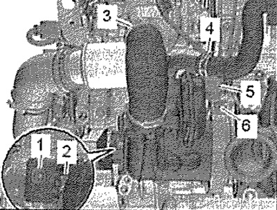 Отжать в сторону теплозащитный экран и отсоединить разъём «5». Ослабить хомут шланга «3», снять…