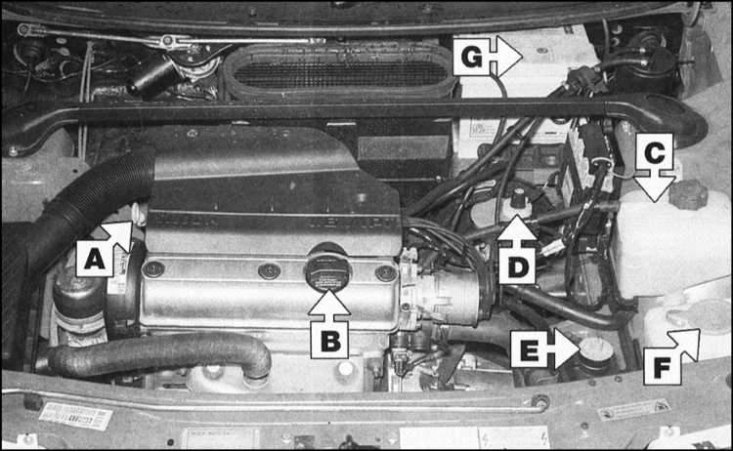 А - Щуп измерения двигательного масла; В - Крышка…