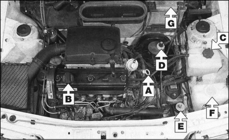 А - Щуп измерения двигательного масла; В - Крышка…