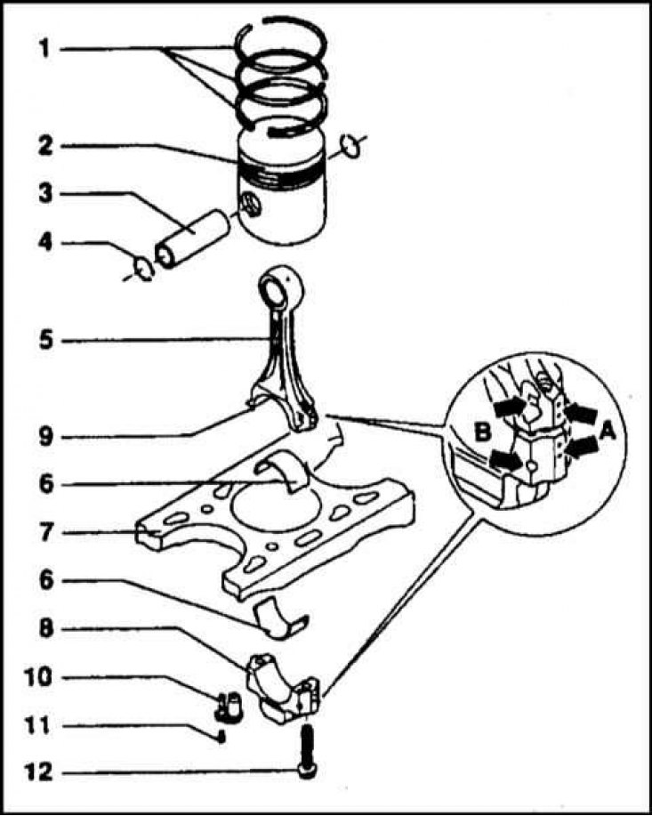 1 - Поршневые кольца; 2 - Поршень; 3 - Поршневой…
