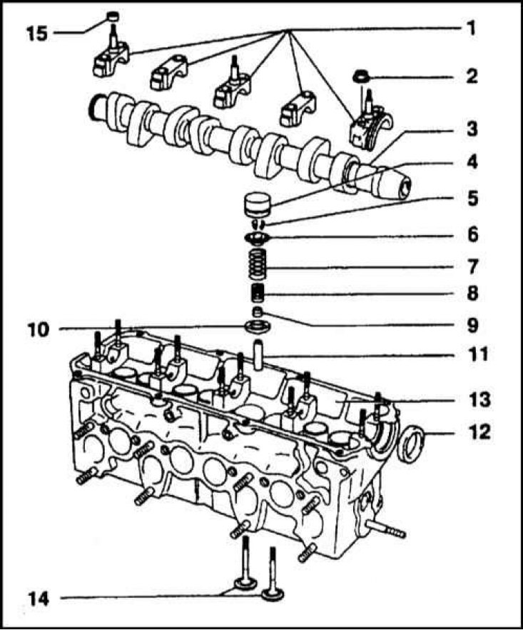 1 - Крышки подшипников распределительного вала; 2…