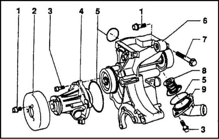 1 - Болт; 2 - Шкив; 3 - Болт; 4 - Водяной насос;…