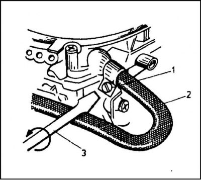 1 - Стяжной винт; 2 - Бензопровод; 3 - Отвертка
