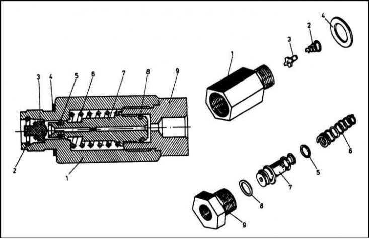 1 - Корпус (концевая резьба М6х1.5); 2 - Пружина;…