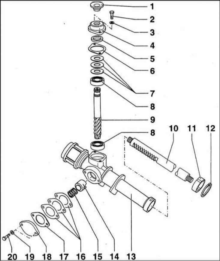 1 - Сальник; 2 - Винт (7 Нм); 3 - Пружинная…