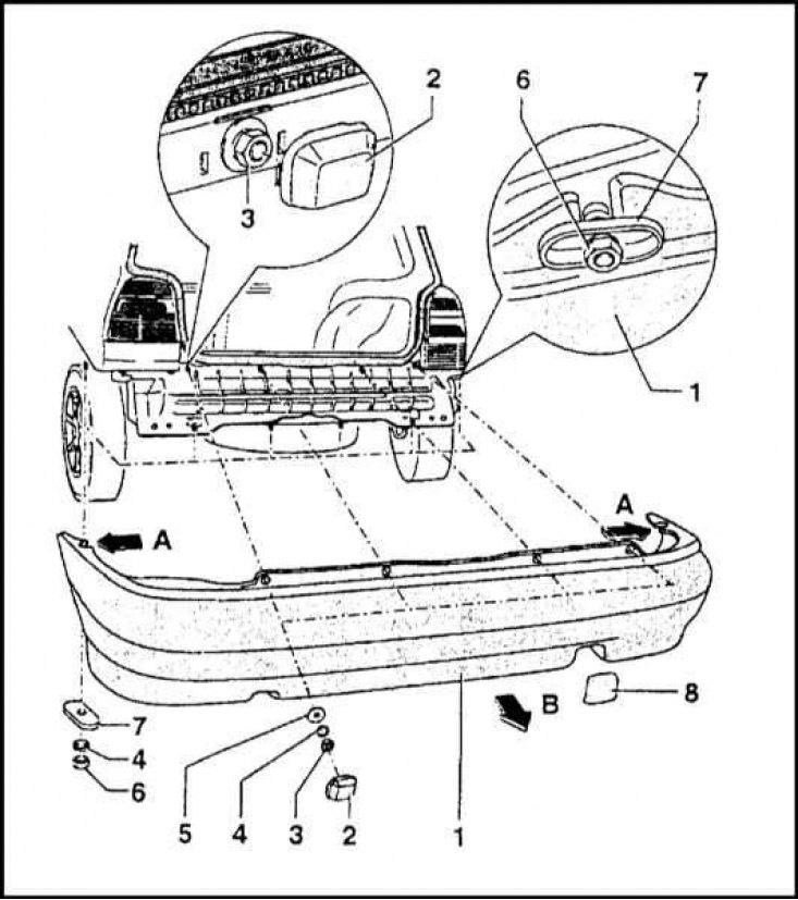 1 - Бампер; 2 - Заглушка; 3 - Гайка; 4 - Шайба; 5…