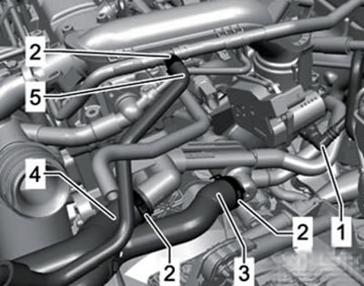 5.11. Вакуумный шланг (1) и шланги ОЖ (3-5)