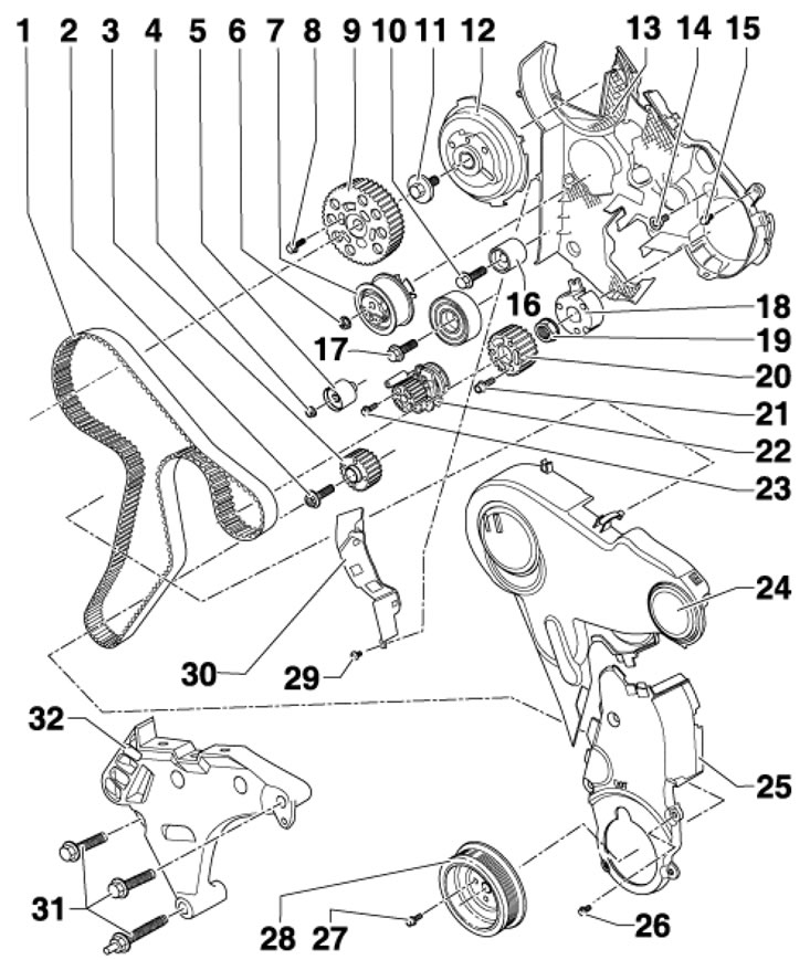 36.1. Детали установки ремня ГРМ 1. Зубчатый…